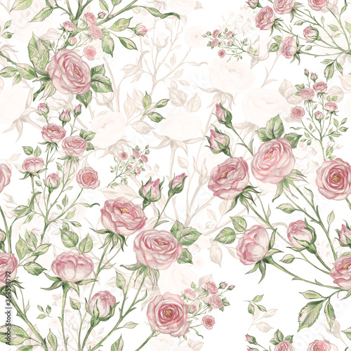 Great print for your design and decor. Seamless pattern of bouquets of roses drawn by pencil and paints on paper. © Irina Chekmareva
