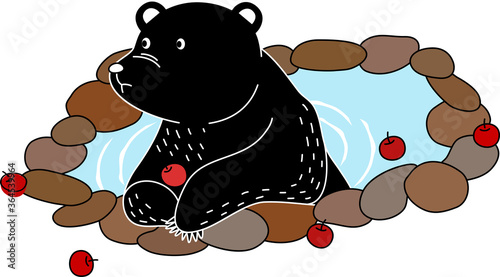 Cartoon of black bear is laying in the pond and eat apple. Simple cute hand draw line vector and minimal icons flat style character illustration.
