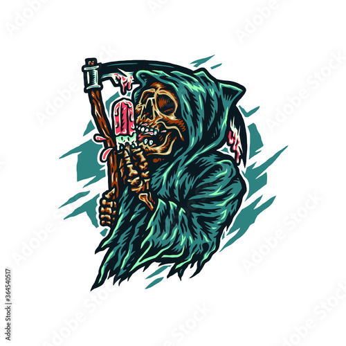 Grim reaper eating ice cream, hand drawn line style with digital color, vector illustration