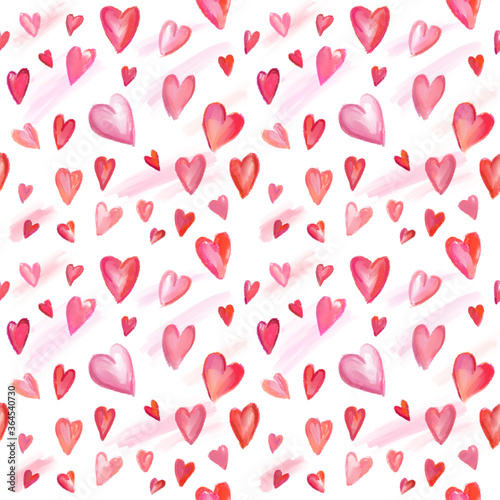 Seamless background with hearts for Valentines Day. Created with watercolor, digital brushes. Free hand drawing without reference 