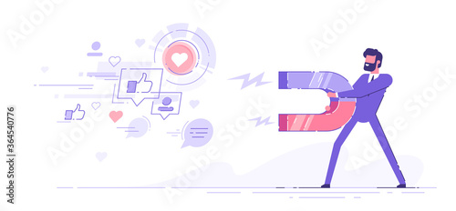 Man attracting likes signs, comments and followers with a huge magnet. Social media marketing concept. Modern vector illustration.