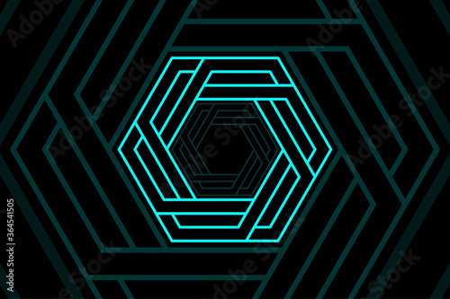 Abstract Black and Blue Pattern with Stripes. Hexagonal Tunnel. Contrasty Optical Psychedelic Illusion. Raster. 3D Illustration