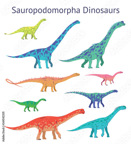 Set of sauropodomorpha dinosaurs. Colorful vector illustration of dinosaurs isolated on white background. Side view. Sauropods. Proportional dimensions. Element for your desing  blog  journal.