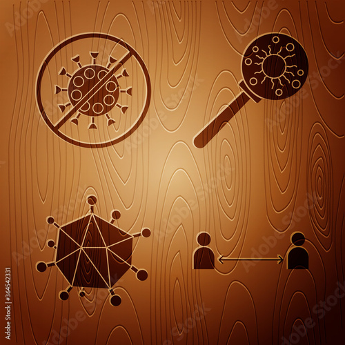 Set Safe distance, Stop virus, Virus and Virus under magnifying glass on wooden background. Vector.