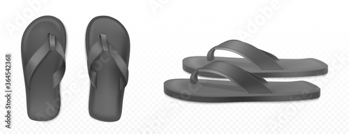 Black summer slippers for beach or pool top side view isolated transparent background. Vector realistic blank flip flops mockup, plastic sandals with thong, rubber shoes for household or sea vacation