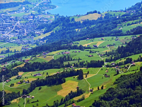 View of the fertile valley with settlemens between the Lakes Alpnachersee and Sarnersee from the Pilatus massif, Alpnach - Canton of Obwalden, Switzerland (Kanton Obwalden, Schweiz) photo