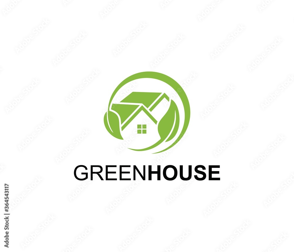 Green Circular House Icon with Leaf Symbol around isolated on White Background. Green Circular House Icon with Leaf Symbol around isolated on White Background.