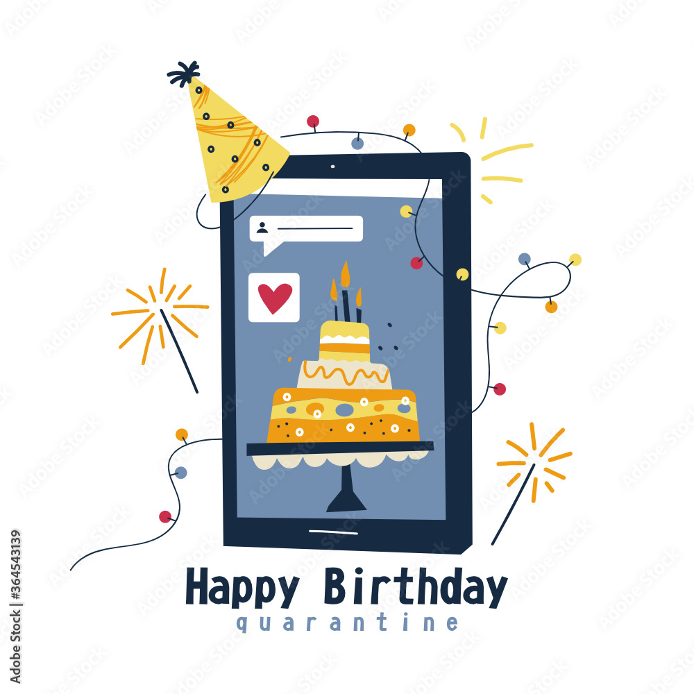 Happy birthday quarantine. Self isolation. Birthday cake. Color vector  illustration on white background. Stock Vector | Adobe Stock
