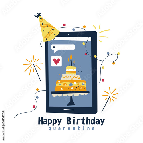Happy birthday quarantine. Self isolation.  Birthday cake. Color vector illustration on white background.
