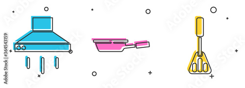 Set Kitchen extractor fan, Frying pan and Spatula icon. Vector.