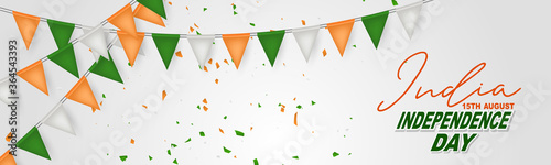 India Independence Day. Indian national August 15th holiday celebration banner with orange, white, and green bunting flags. Vector illustration.