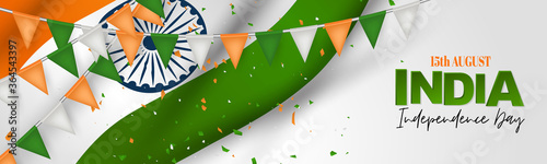 India Independence Day. Indian national holiday header or long banner with a waving orange, white, and green flag. Vector illustration.