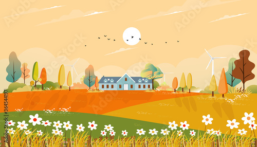 Fotografija Autumn landscaps with fram house and grass land on hills, Natural foliage background in fall seson with beatiful panoramic countryside in sunny day morning
