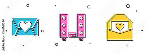 Set Envelope with Valentine heart, Home stereo two speakers and icon. Vector.