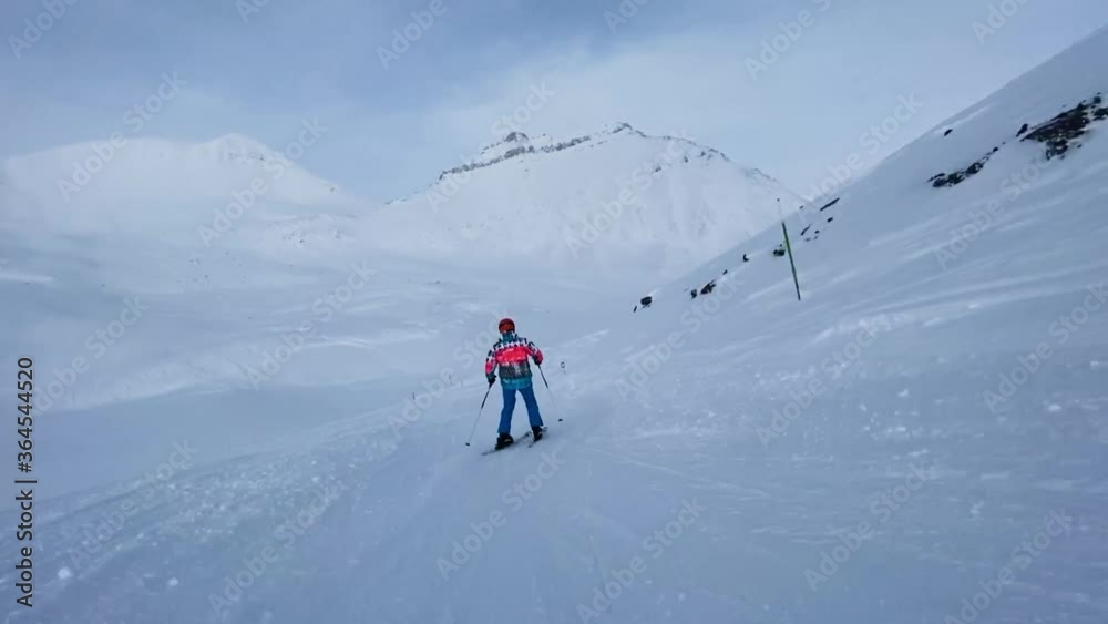 Freestyle skier riding on snowy slope. Freestyle skier riding on snowy slope.