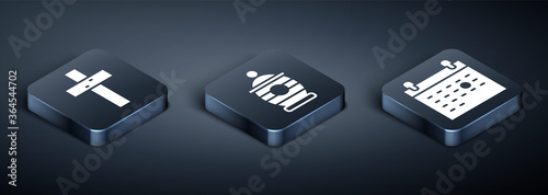 Set Isometric Christian cross, Calendar death and Funeral urn icon. Vector.