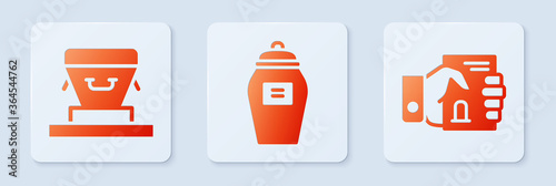 Set Funeral urn, Coffin and Death certificate in hand. White square button. Vector.