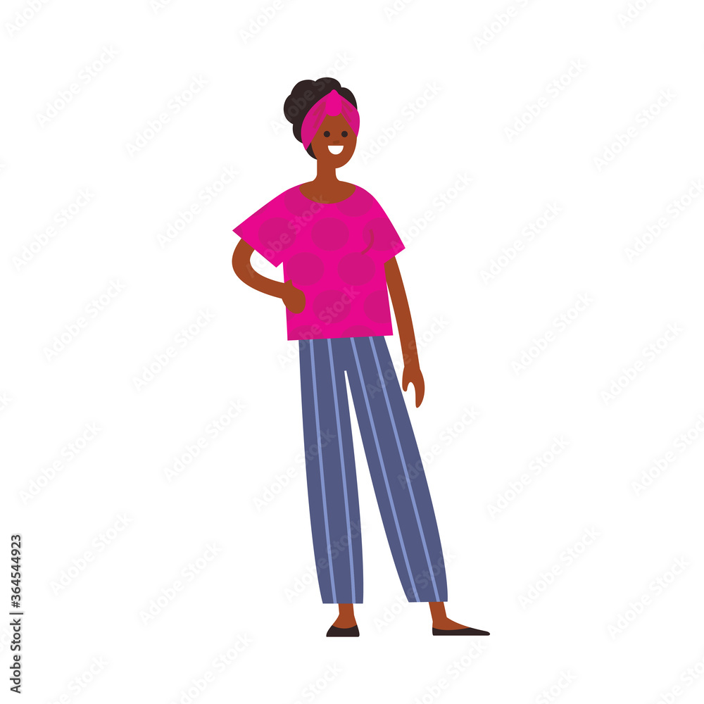 Afro american woman in ethnic style clothes, look,wear standing up straight, afro style model, flat vector illustration.