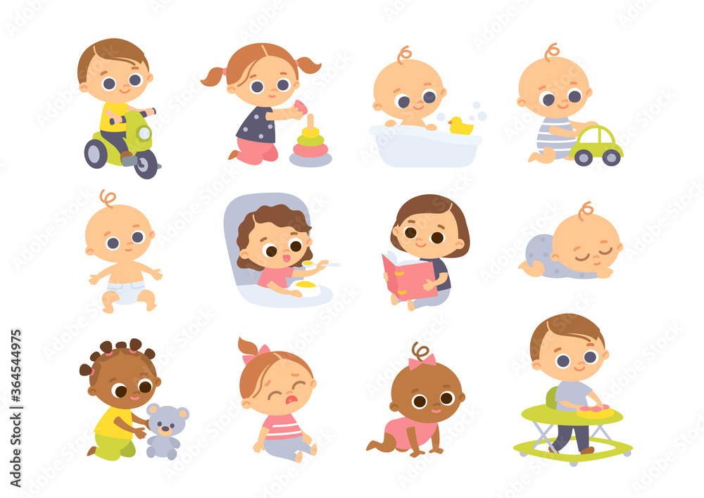 Big set of baby toddlers in various poses, different nationalities, cartoon characters. Babies playing with toys.