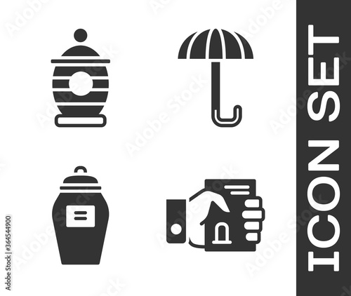 Set Death certificate in hand, Funeral urn, Funeral urn and Umbrella icon. Vector.