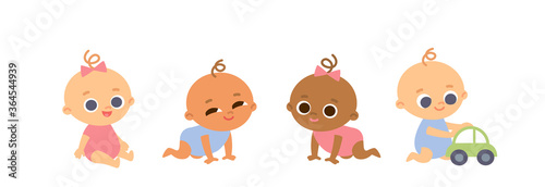 Set of babies cartoon characters. International babies playing with toys.