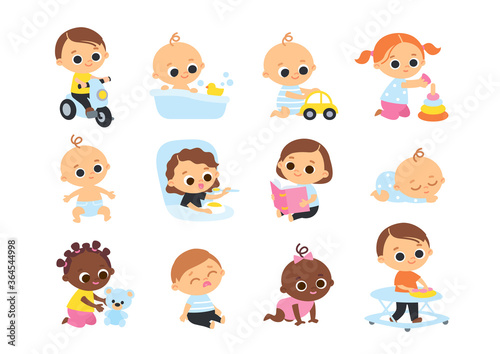 Big set of baby toddlers in various poses  different nationalities  cartoon characters. Babies playing with toys.