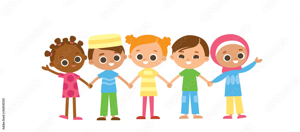 Set of 5 five kids holding hands. International characters. Multicultural concept. Set of 5 five kids holding hands. International characters. Multicultural concept.