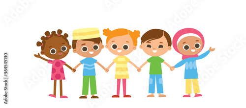 Set of 5 five kids holding hands. International characters. Multicultural concept.