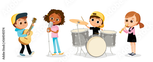 Child music band. Children playing music. Cartoon kids playing musical instruments and singing.