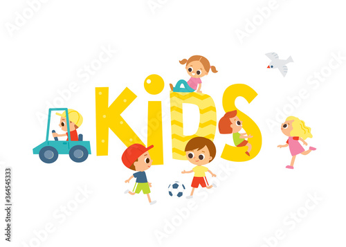 Joyful kids template. Babies playing with toys and having fun. Set of baby toddlers in various poses  different nationalities.