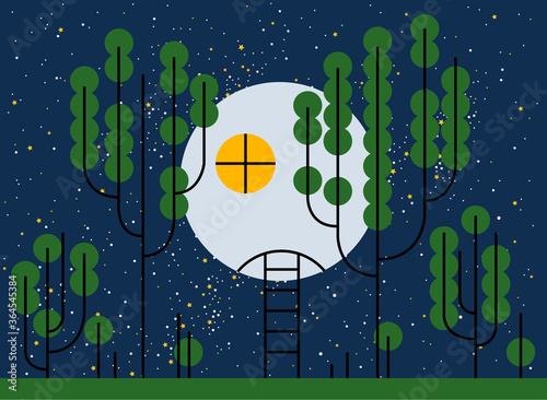 Futuristic cabin house in the forest in the night