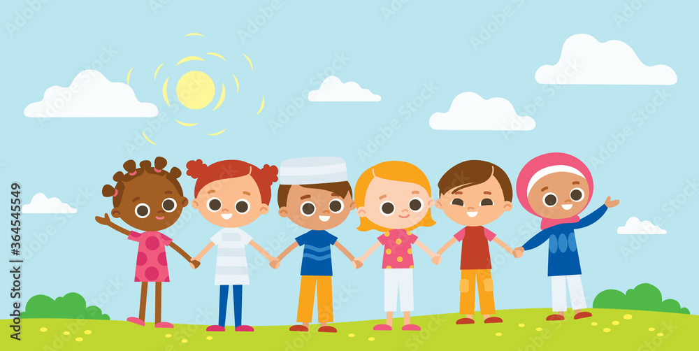 Happy kids holding hands. International Children's Day. Summer background with children.