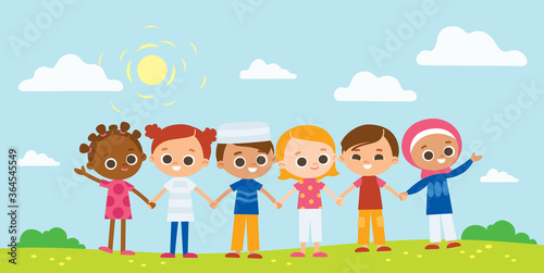 Happy kids holding hands. International Children's Day. Summer background with children.