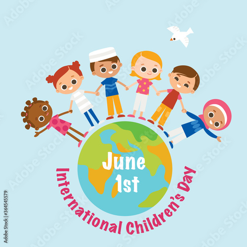 Happy children holding hands with globe. International Children's Day. Greeting card.