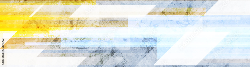 Yellow and blue grunge geometric abstract wide background. Hi-tech retro web banner design