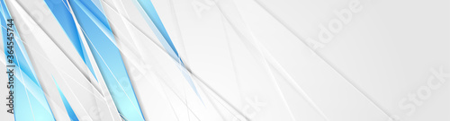 Grey and blue glossy stripes abstract tech corporate background. Vector wide banner design