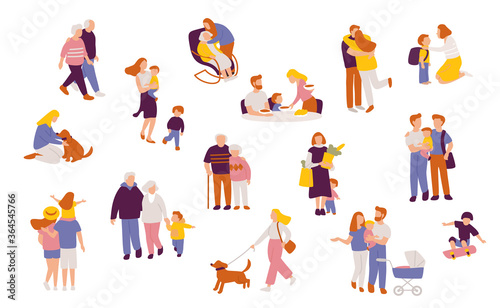 Big set of people figures, characters in different poses in different situations. Family set. Crowd of tiny people. Minimal people character vector illustration flat design