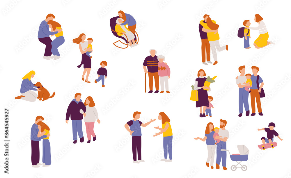Big set of people figures, characters in different poses in different situations. Family set. Crowd of tiny people. Minimal people character vector illustration flat design