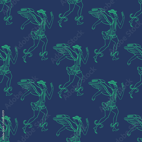 Seamless pattern with winged silhouettes of ancient Greek god Hermes or Mercury.