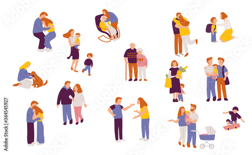 Big set of people figures  characters in different poses in different situations. Family set. Crowd of tiny people. Minimal people character vector illustration flat design