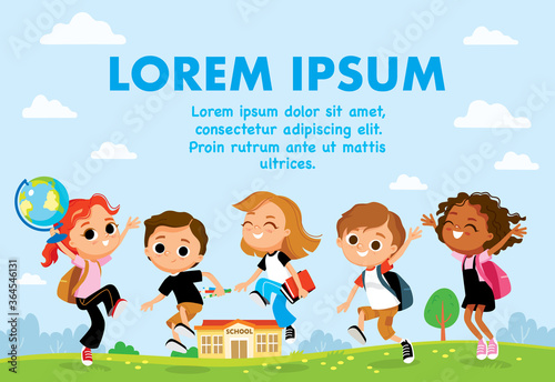 Children having fun outdoors. Group of pupils on outdoor break. Classmates fooling around.