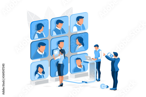 Job manager searching for recruitment, hiring management of recruitment, resource searching for new manager a best job. Hr employee candidate human employee character. Isometric person vector concept