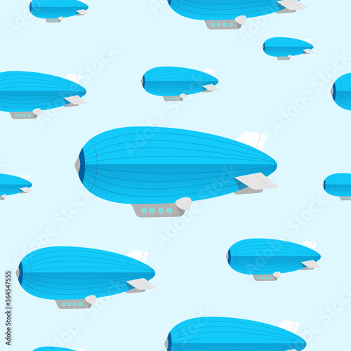 Cartoon Blue Dirigible Seamless Pattern Background. Vector
