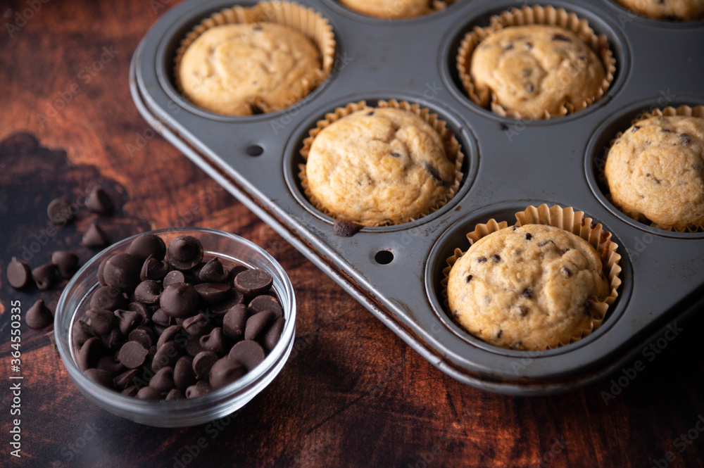 chocolate chip muffin on dark wooden board chocolate chip muffin on dark wooden board
