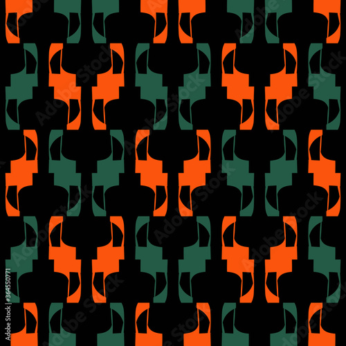 Bright seamless pattern with colorful geometric elements on a black background.
