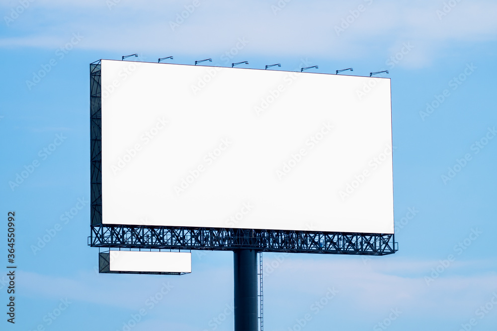 Blank billboard mockup with white screen against clouds and blue sky background. Copy space banner for advertisement Blank billboard mockup with white screen against clouds and blue sky background. Copy space banner for advertisement