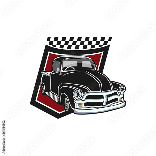 Retro car repair garage sign with retro style truck. Custom restoration shop. Truck  illustration of classic retro style truck. Isolated on grey.