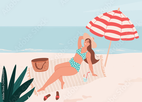 Smiling body positive woman lie on litter under striped umbrella. Summer time vector illustration. Sea holiday concept concept design with beach element cocktail, flip-flops, bag