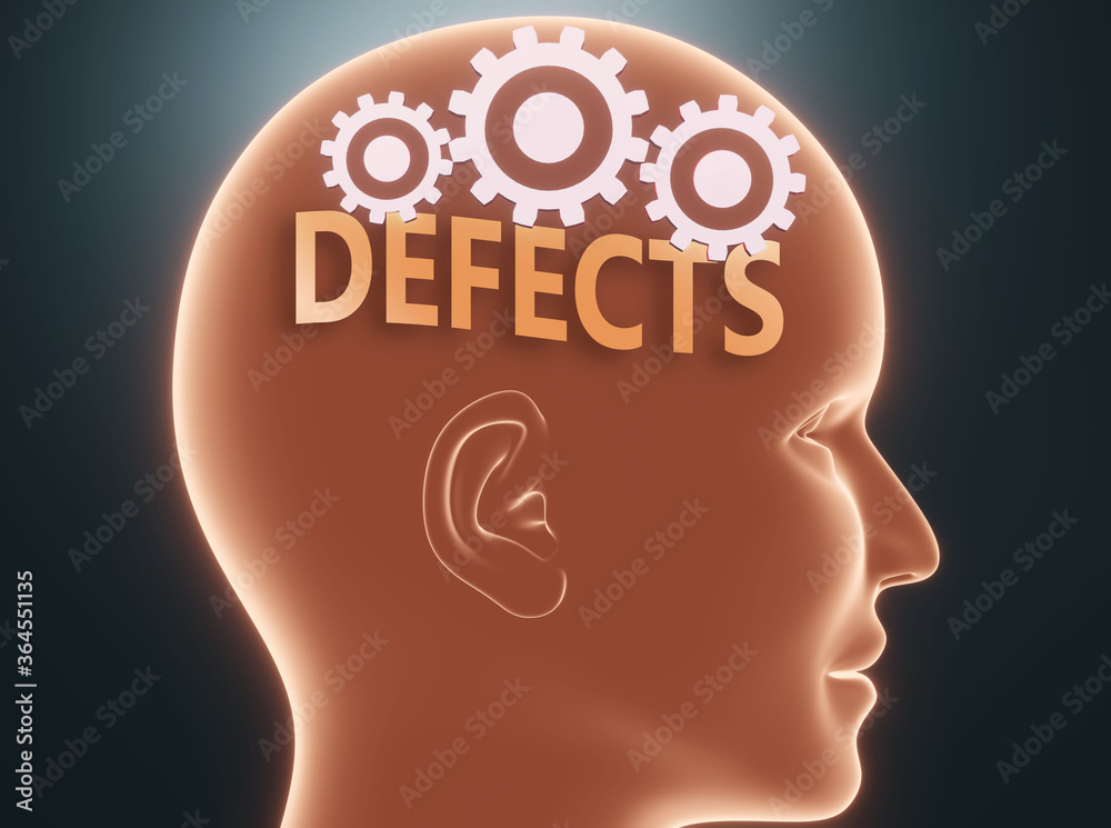 Defects inside human mind - pictured as word Defects inside a head with cogwheels to symbolize that Defects is what people may think about and that it affects their behavior, 3d illustration