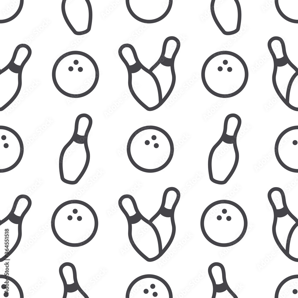 Fototapeta premium Seamless bowling vector pattern. Bowling pins with ball icon. Sport background. Sport background. Bowling backdrop. Wrapping paper. Vector icon. 